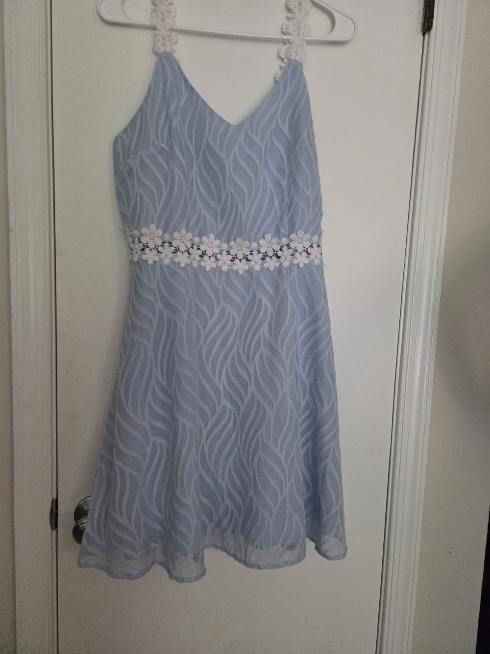 Light Blue Textured Fit & Flare Dress with Floral Crochet Accents L